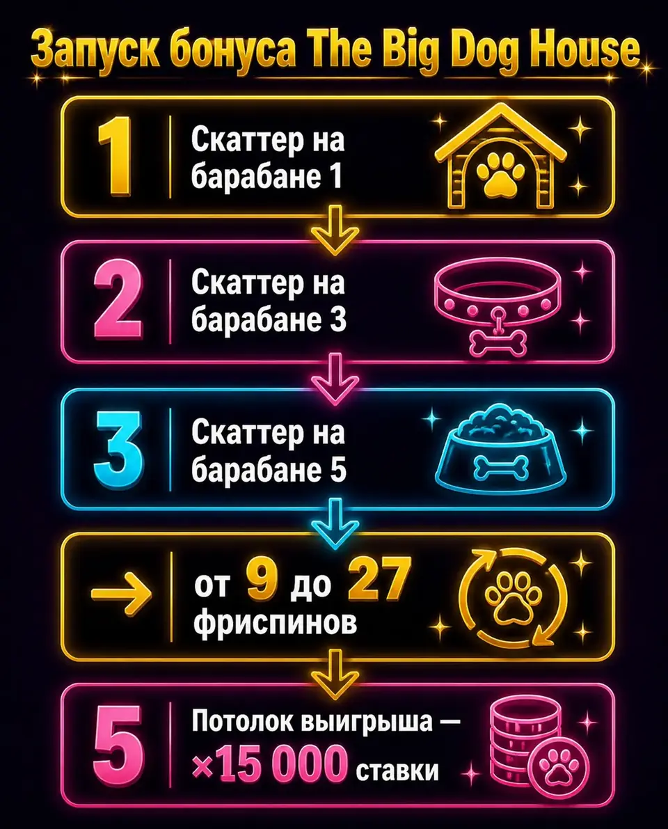 Схема запуска фриспинов в The Big Dog House скаттерами на барабанах 1, 3, 5