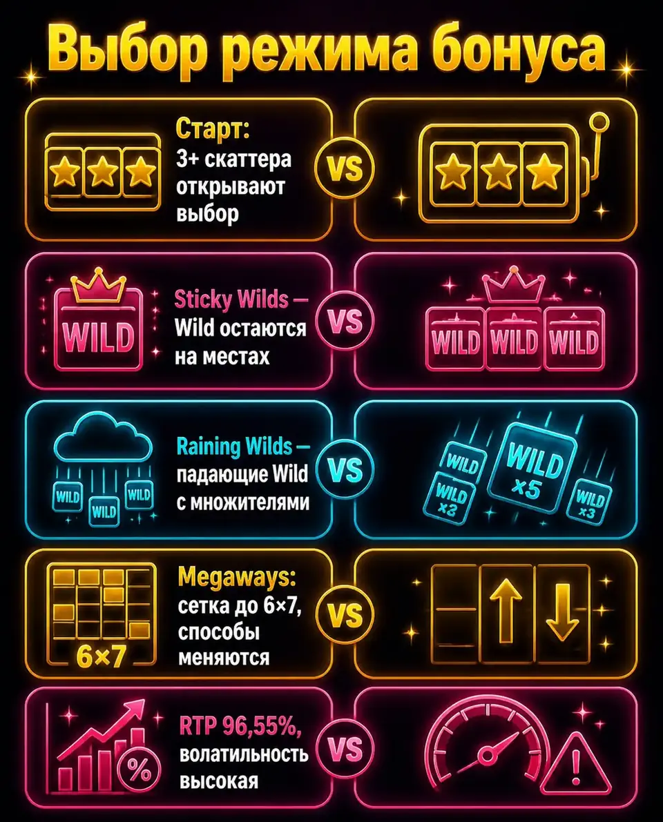 Сравнение режимов Sticky Wilds и Raining Wilds в The Dog House Megaways