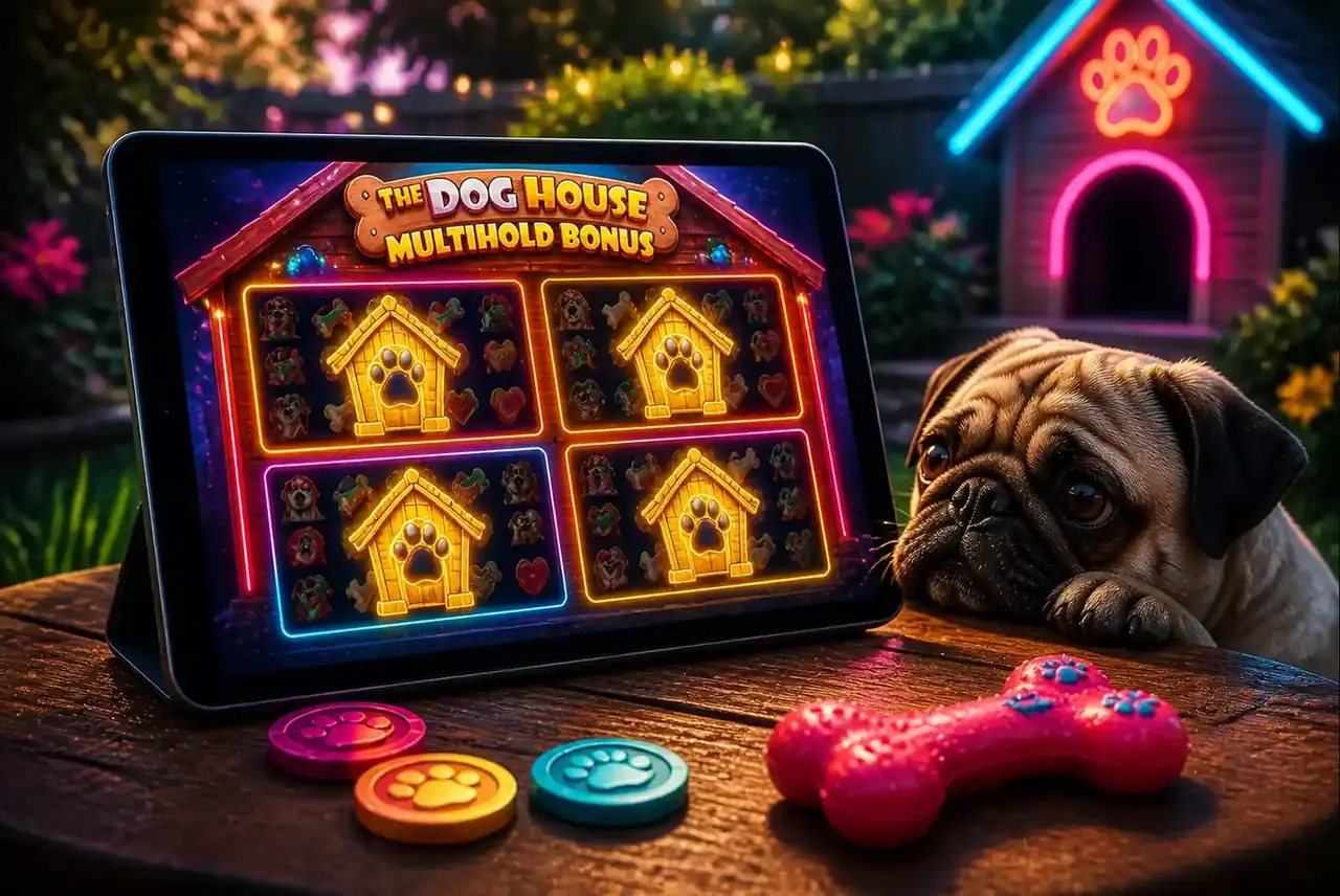 Планшет с демо Dog House Multihold и мопс рядом во дворе