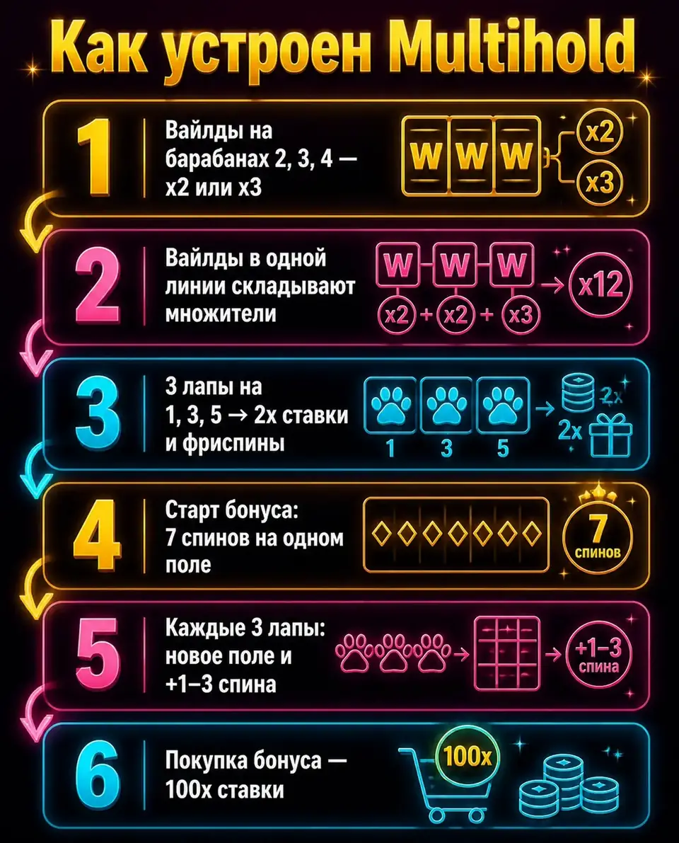 Схема механики The Dog House Multihold: вайлды, лапы и новые поля