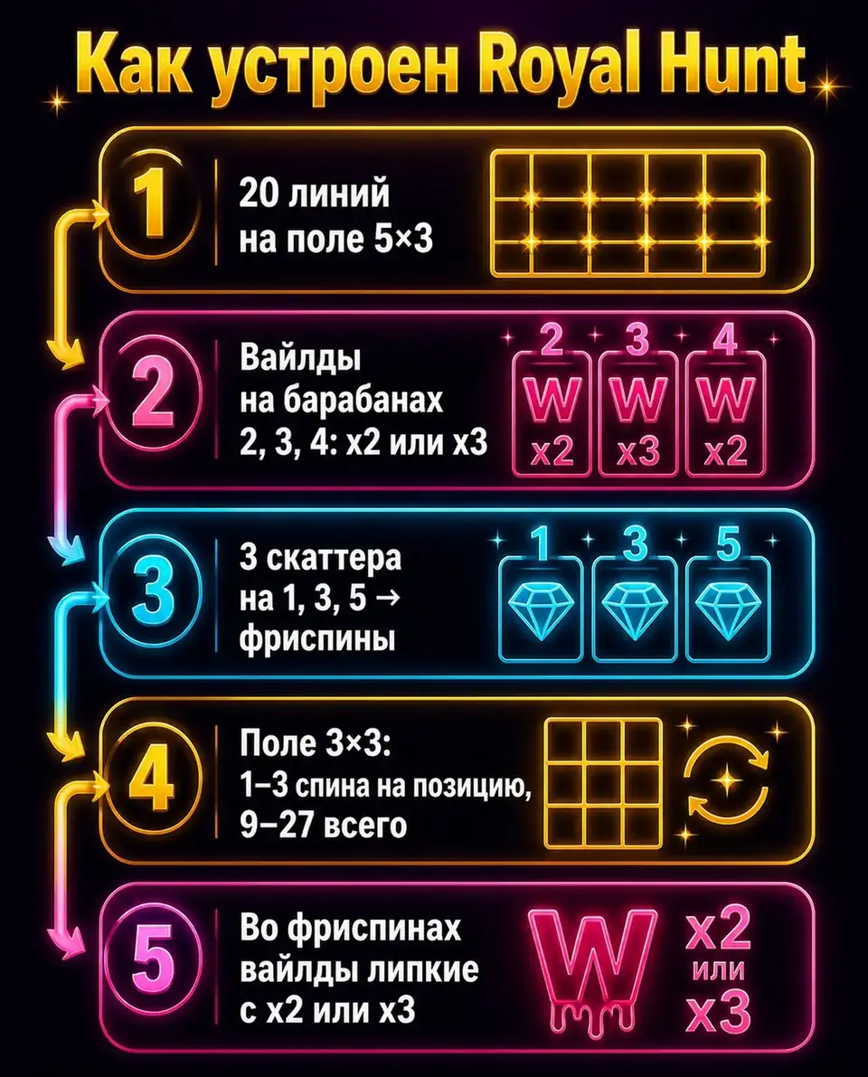 Схема механики The Dog House Royal Hunt от линий до поля 3×3