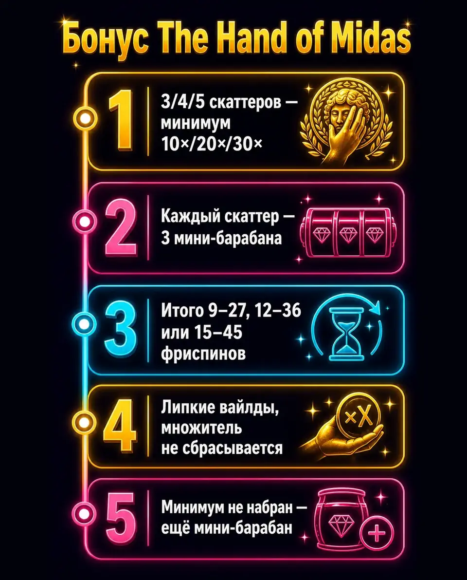 Таймлайн бонусного раунда The Hand of Midas с гарантированным минимумом