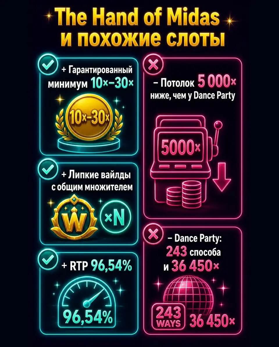 Плюсы и минусы The Hand of Midas по сравнению с похожими слотами