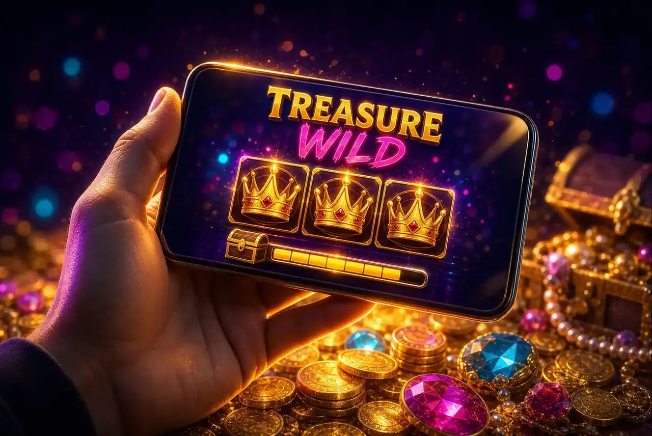 Treasure Wild на телефоне над грудой золотых монет
