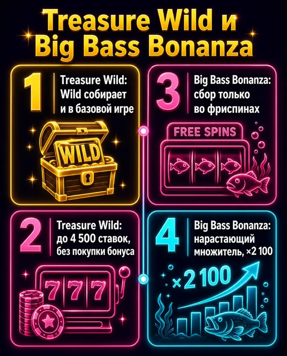 Сравнение механики сбора денег в Treasure Wild и Big Bass Bonanza