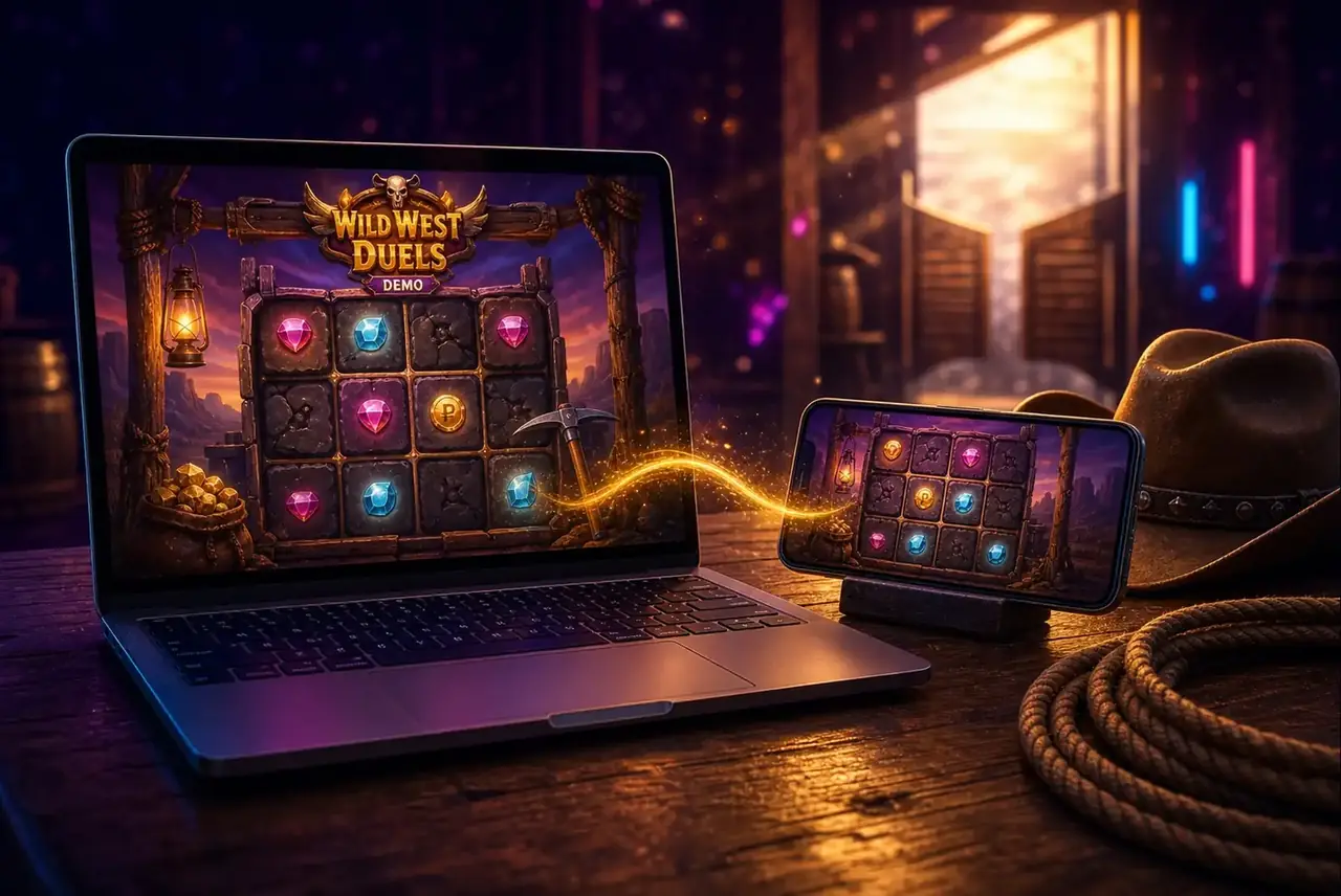 Ноутбук и смартфон на столе салуна с демо Wild West Duels