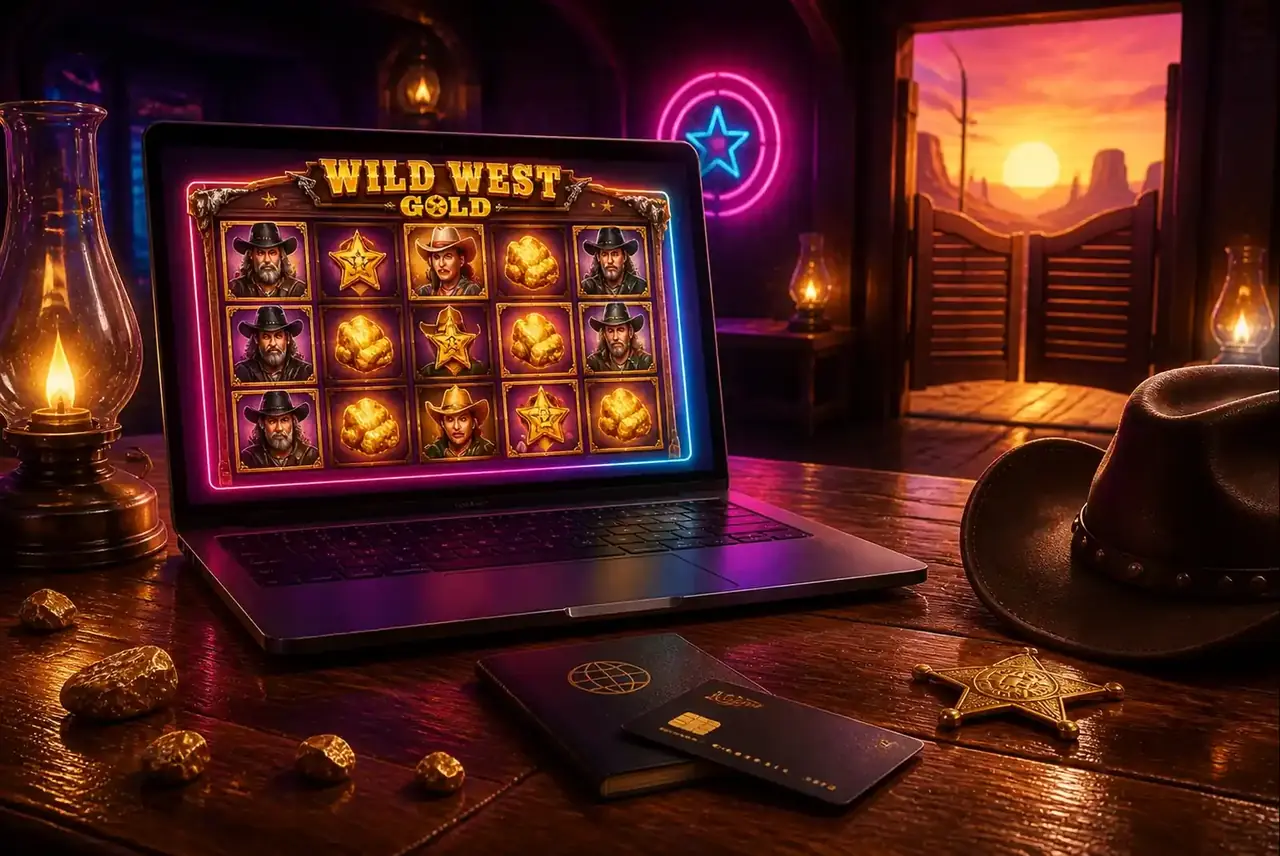 Ноутбук с Wild West Gold на столе шерифа в салуне