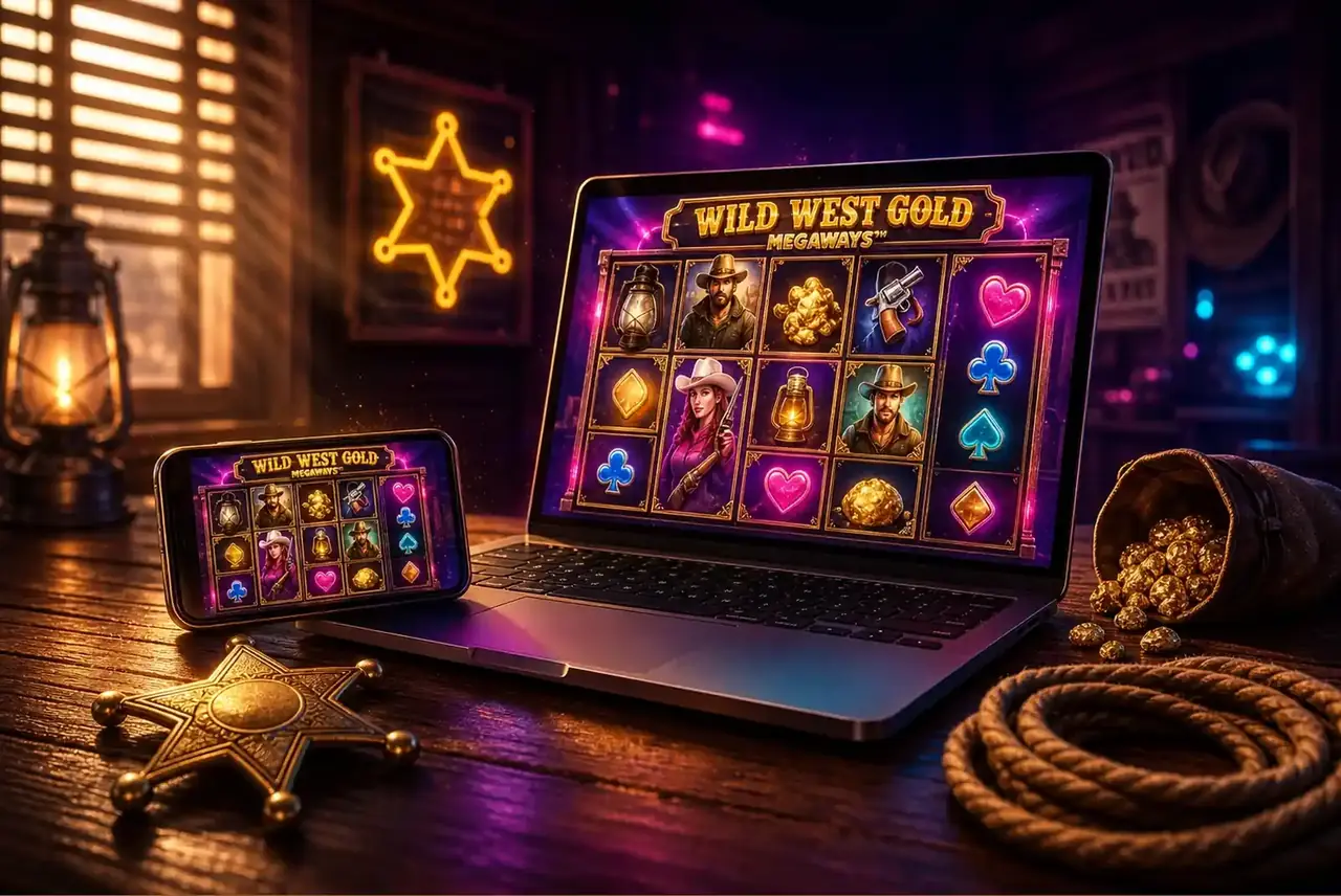 Ноутбук и смартфон с демо Wild West Gold Megaways в офисе шерифа