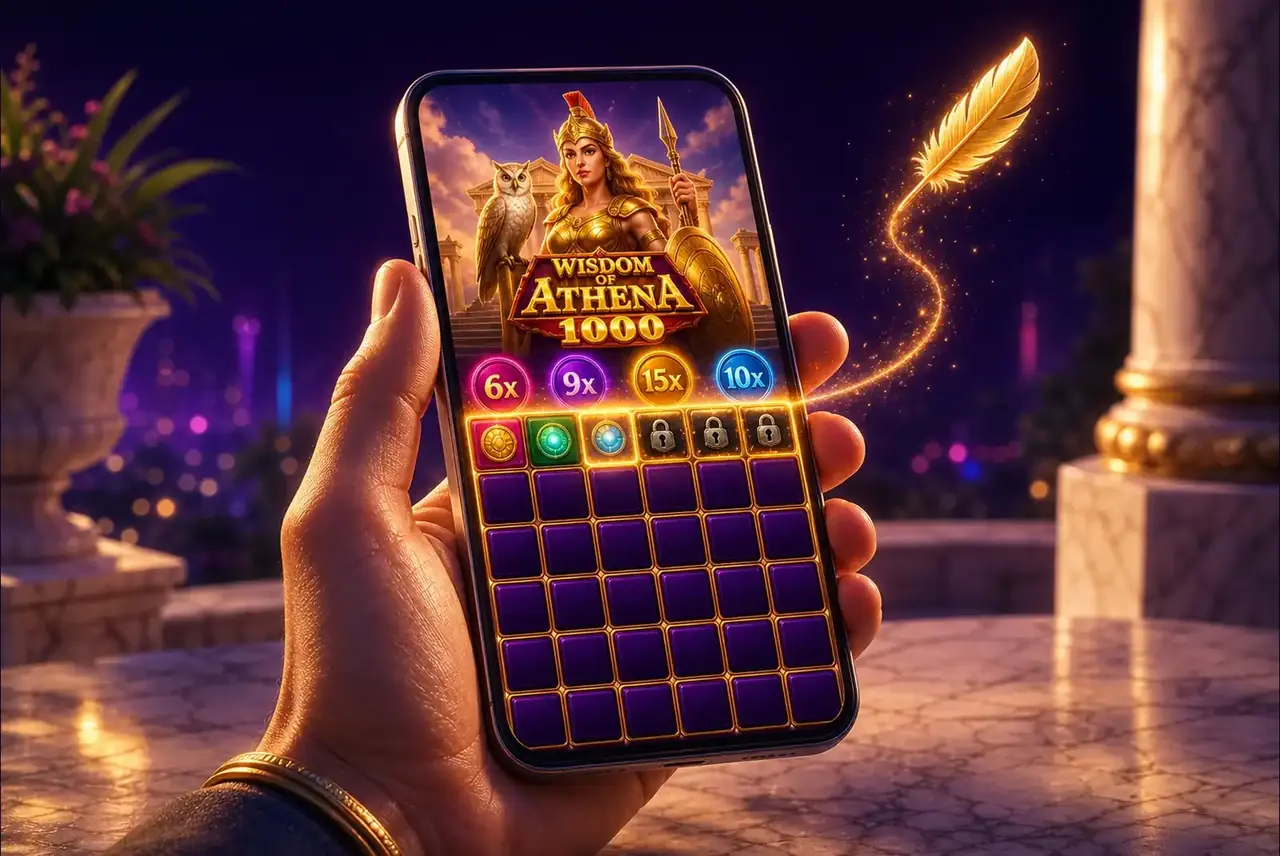 Смартфон на мраморной террасе со слотом Wisdom of Athena 1000