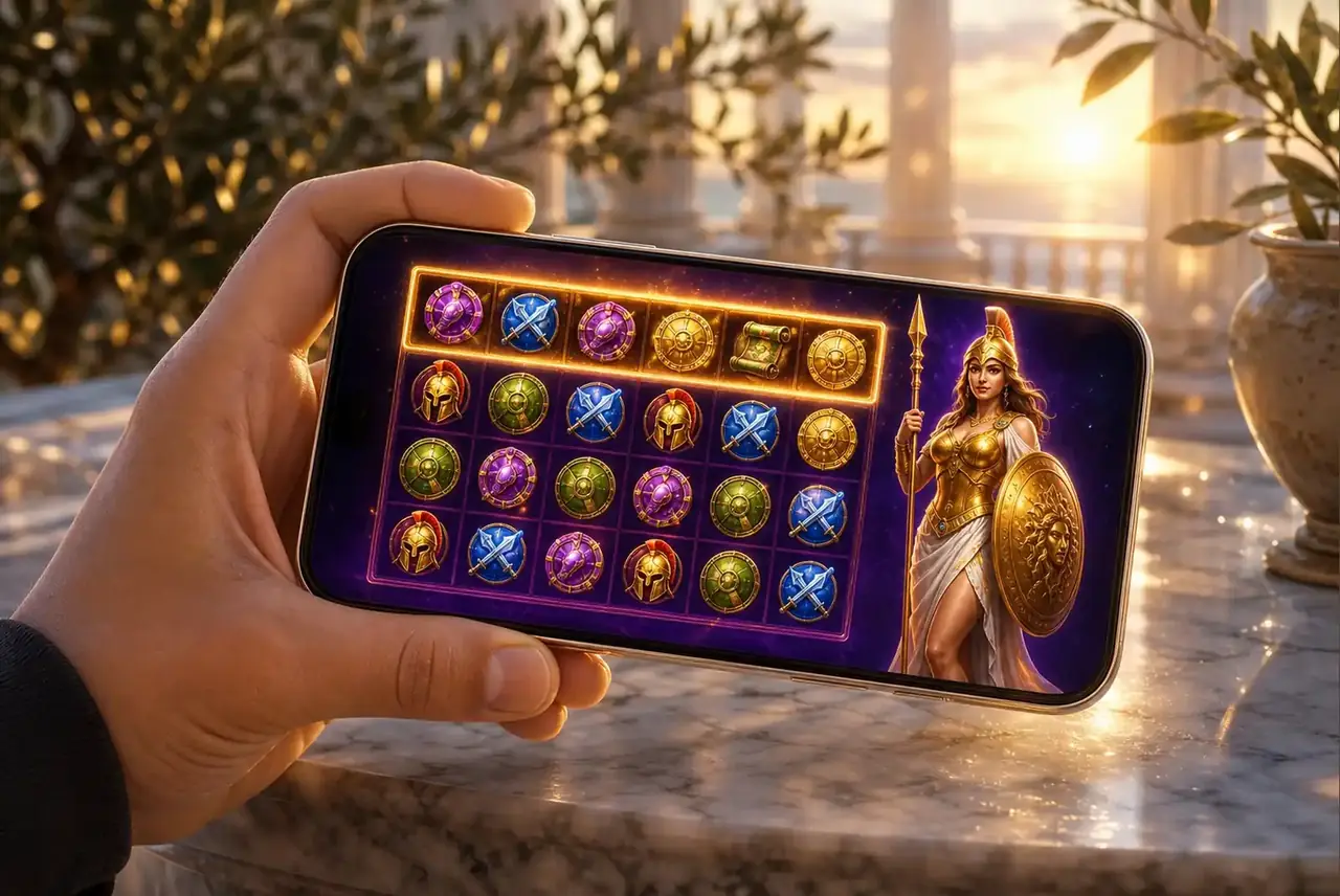 Wisdom of Athena на смартфоне на мраморной террасе