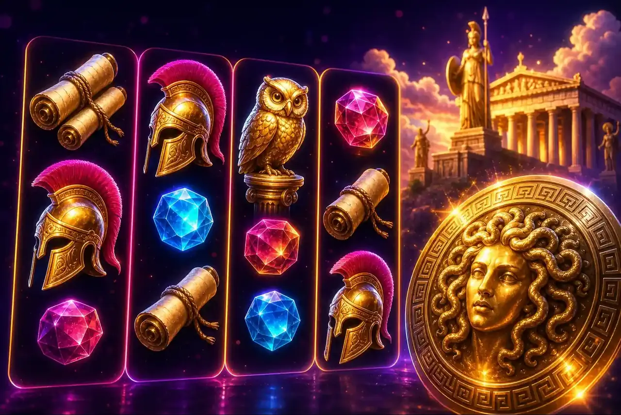 Свитки, шлемы, сова и щит с Медузой в оформлении Wisdom of Athena