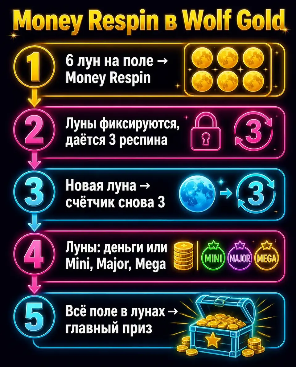 Схема Money Respin в Wolf Gold: луны, респины и джекпоты
