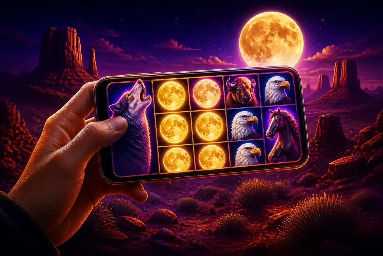 Смартфон со слотом Wolf Gold на фоне каньона и полной луны